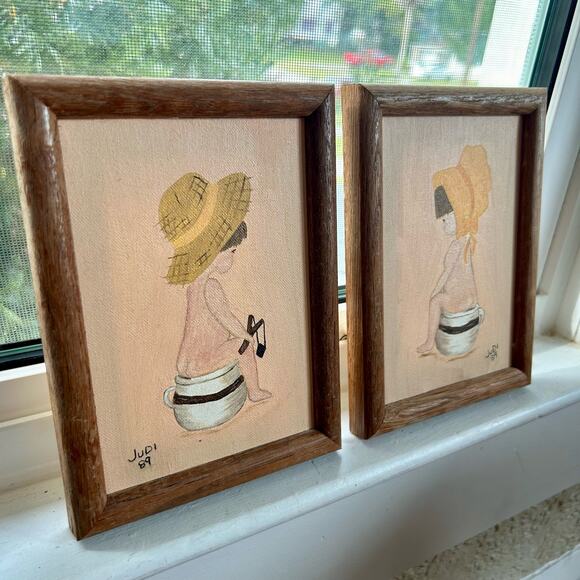 Vintage Framed Paintings Boy And Girl on Chamber Pots, set of 2 - Picture 6 of 11